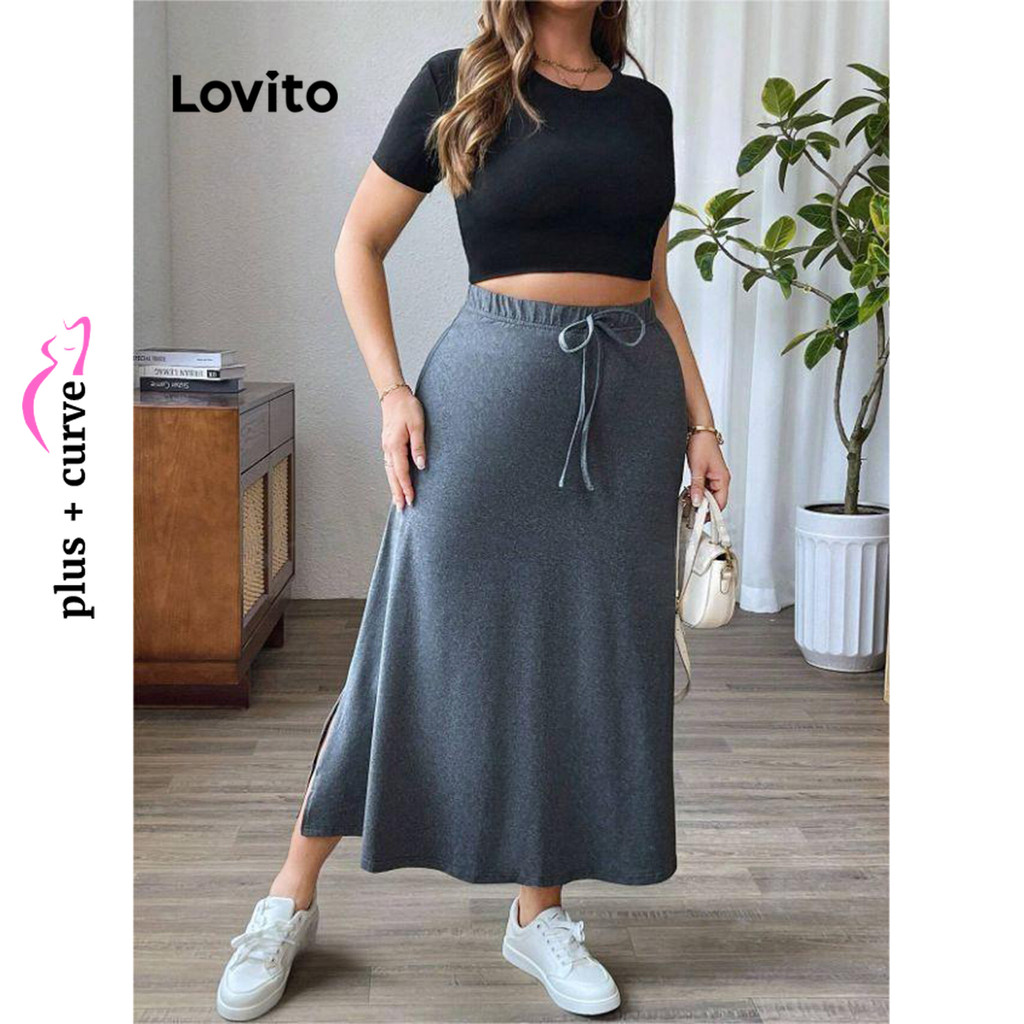 Detalhes do (Trendy) Lovito Saia Plus Size Curva Casual Com Babados Lisos E Bainha Primavera E Verão Para Mulheres LMD81136