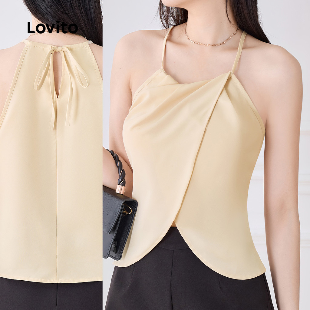 Lovito Blusa Elegante com Gola em V Na Frente Estilo Casual e Confortável para Primavera/verão em Caqui L138AD907 em Oferta na Shopee