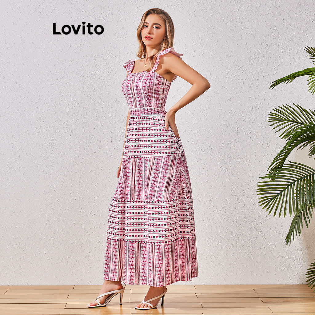 (Trendy) Lovito Vestido Boho Com Estampa Tribal E Babados Para Mulheres LBL07027 - Women Clothes