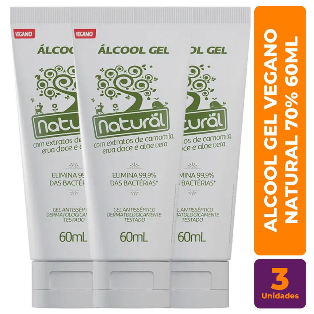 Kit c/ 3 Álcool Gel Natural Vegano 70% C/ Extrato de Camomila, Erva Doce e Aloe Vera 60ml