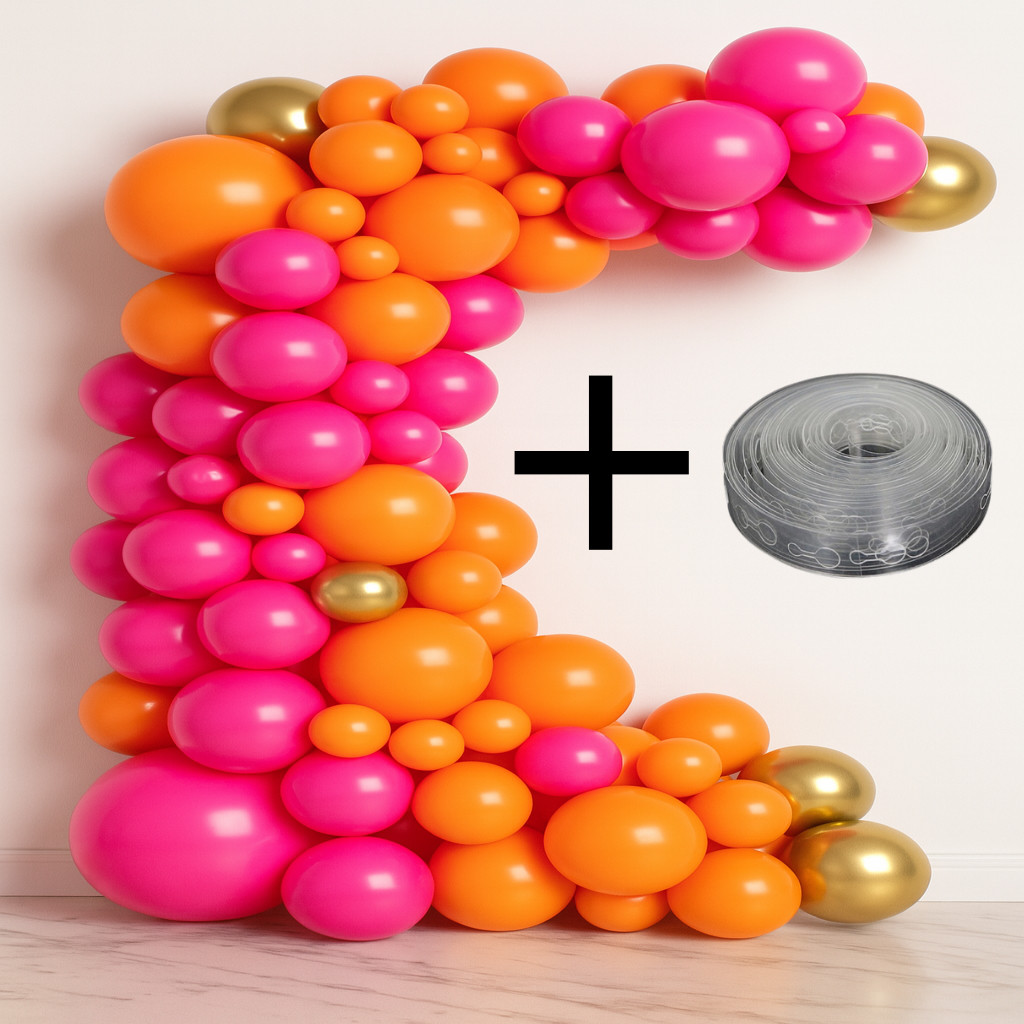 Kit 125 Balões Bexigas Pic Pic Laranja + Pink + Dourado Cromado + Fita para Arco Desconstruído em Oferta na Shopee