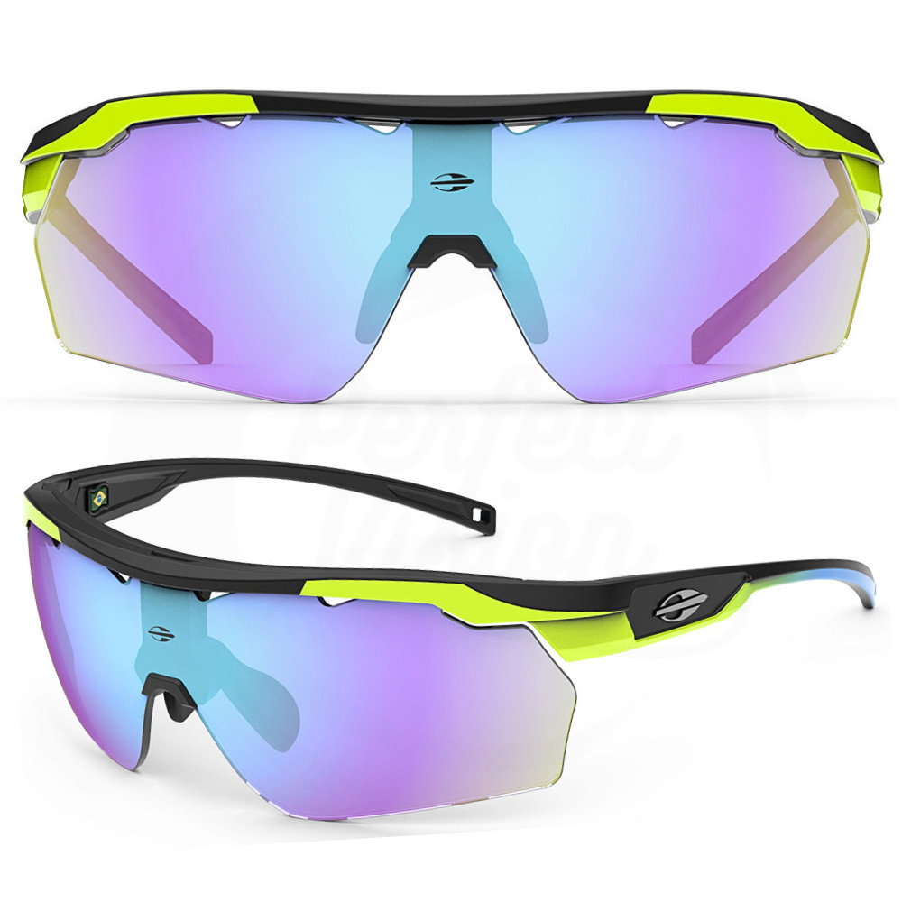Óculos Esporte Sol Mormaii Smash Preto Fosco Detalhe Amarelo Limao Lente Cinza Revo Azul