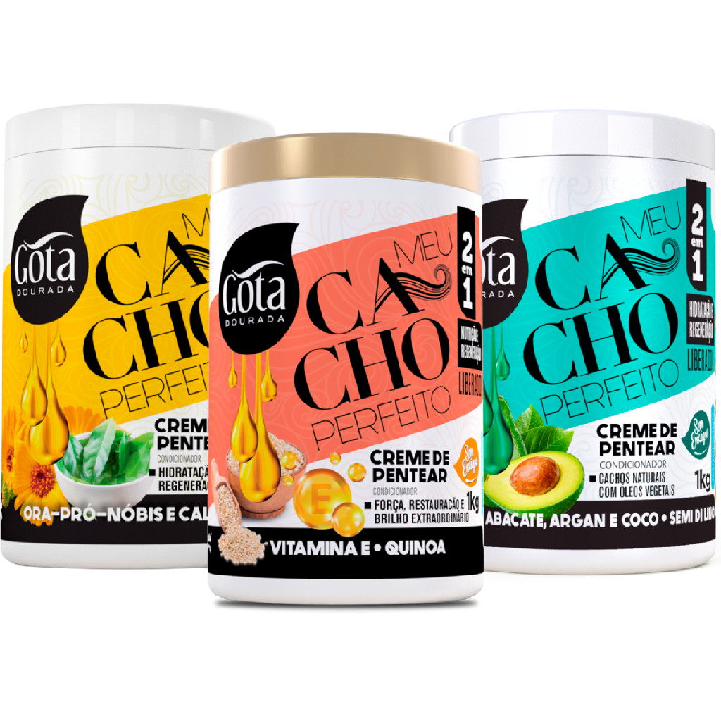 Kit Gota Dourada Cacho Perfeito Tratamento 3 Cremes Pentear Vitamina E Semi Di Lino 1kg