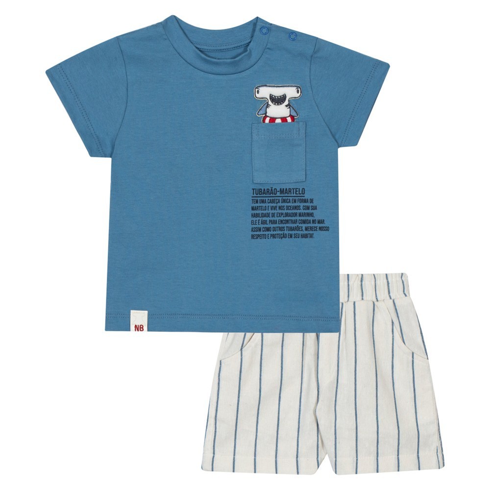 Conjunto Infantil Menino Nini Bambini Camiseta Azul e Bermuda em Tecido Plano Listrada Verão
