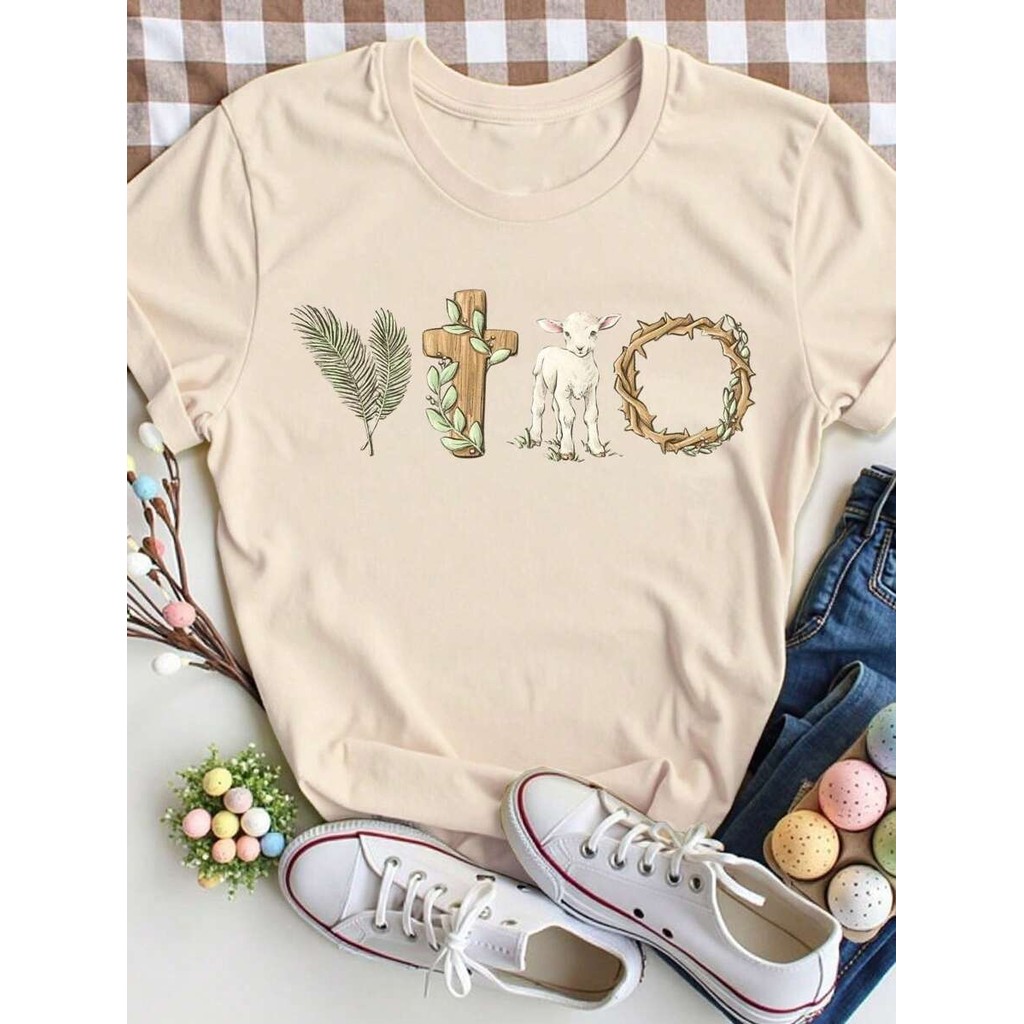 Camiseta  Feminina de Páscoa, Camiseta Gola Redonda com Estampa de Cordeiro Cartoon, Adequada para Primavera ENVIO RAPID em Oferta na Shopee