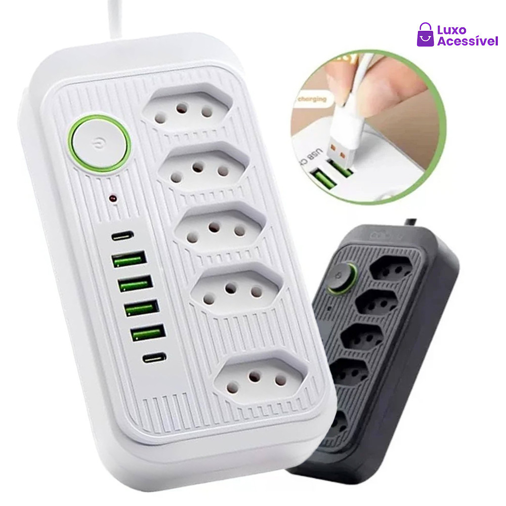 Bivolt Regua de Tomadas 5+ Tomadas com 4 USB e USB Tipo C, Coibeu Extensão Filtro de Linha Segurança, Cabo Energia Casa