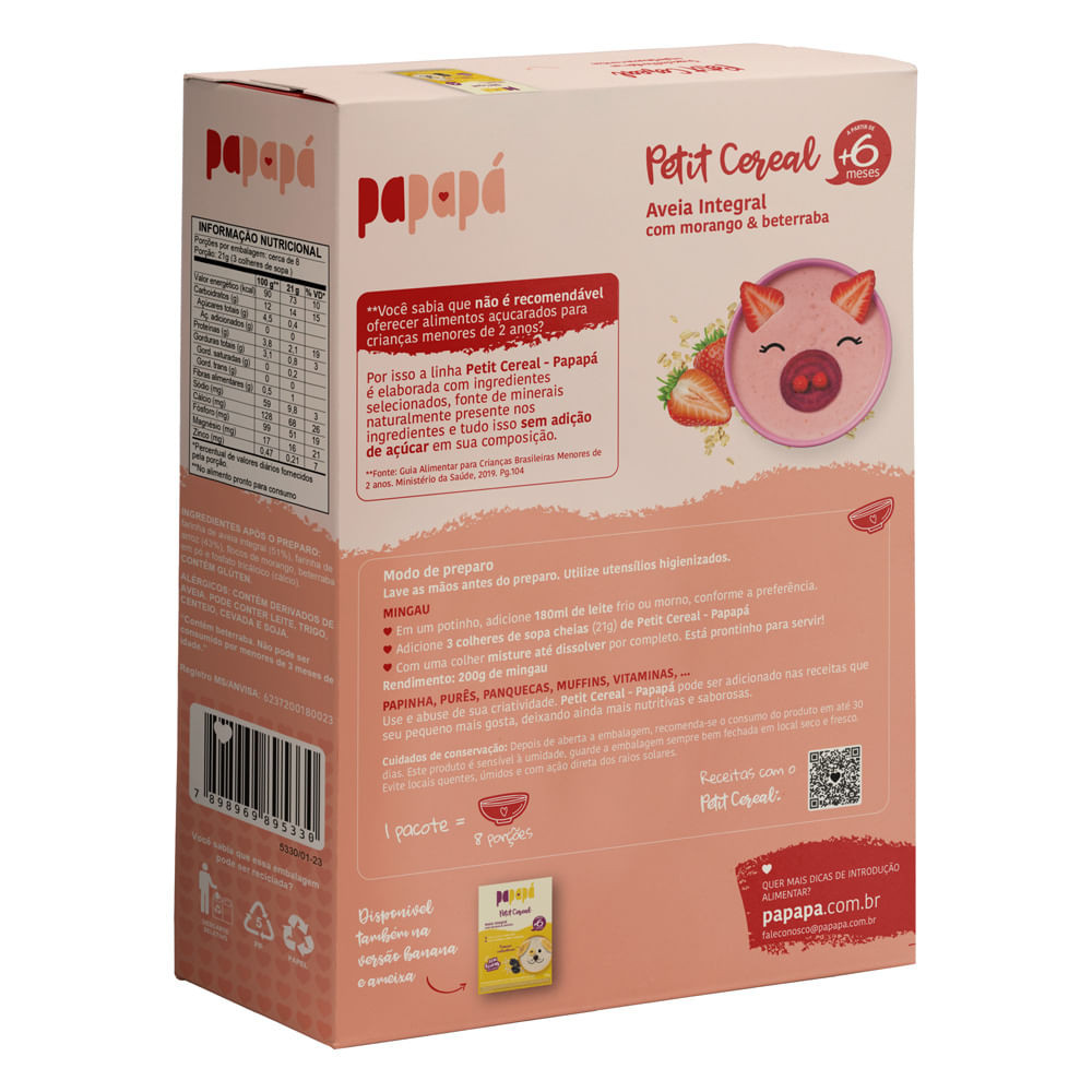 Cereal Infantil Papapá Petit Cereal Aveia Integral com Morango e Beterraba 6+ Meses 170g - Mom & Baby