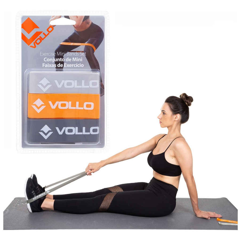 Kit 3 Faixas Elásticas Mini Bands Vollo Exercício Treino Academia Intensidades Leve Médio Forte