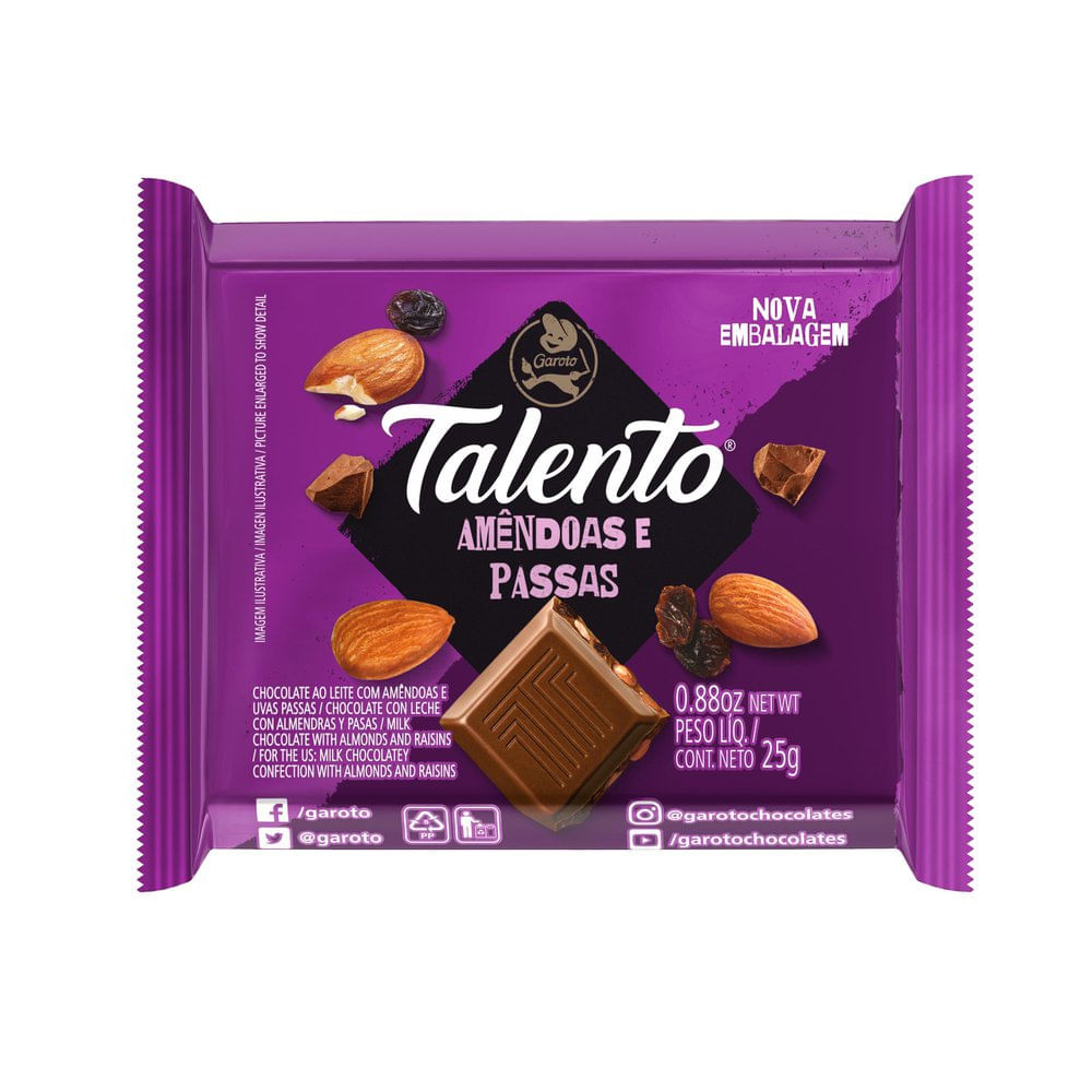 Chocolate Garoto Talento Amêndoas e Uvas Passas 25g - Food & Beverages