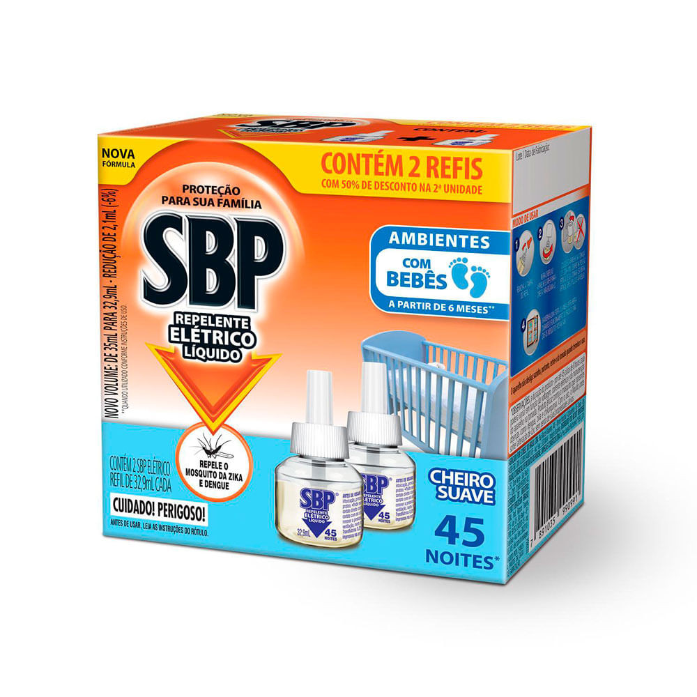 Repelente Elétrico Líquido SBP 45 Noites Cheiro Suave 2 Refis 32,9ml Cada - Beauty