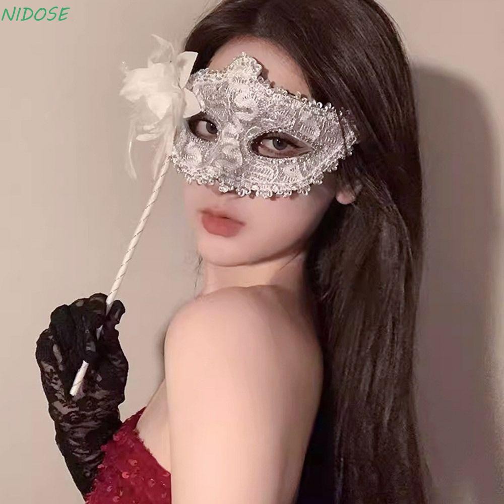 NIDOSE Máscara Portátil , Fantasia De Festival , Festa , Vara , Pena Lateral , Flor , Véu De Renda Branca