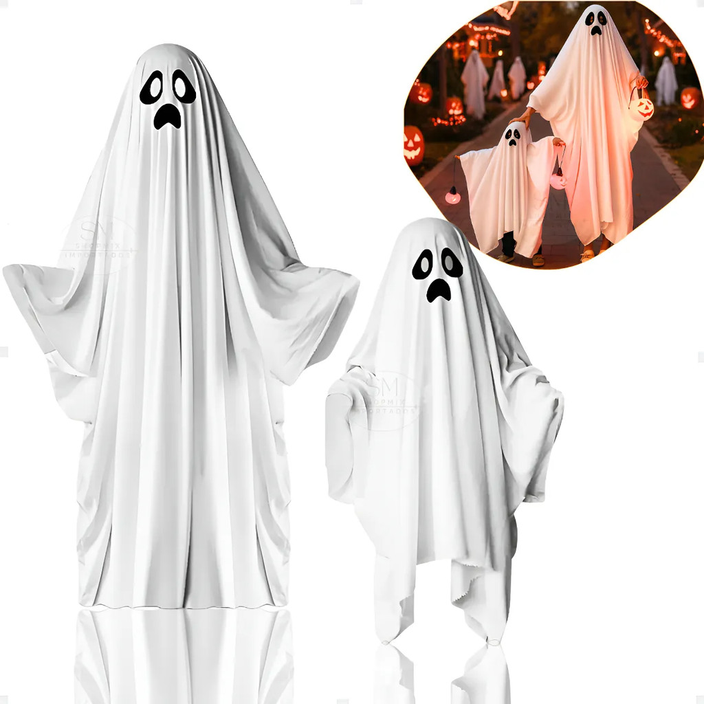 Fantasia Capa Fantasma Infantil e Adulto Assombração Assustador Ghost Festa Halloween-90/130/160Cm em Oferta na Shopee