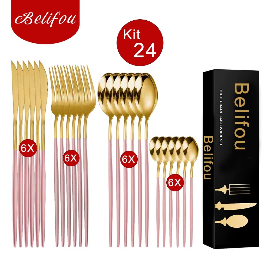 Belifou Kit 24 Jogo De Talheres Aço Inoxidável 416 Rosa Dourado - Juno em Oferta na Shopee