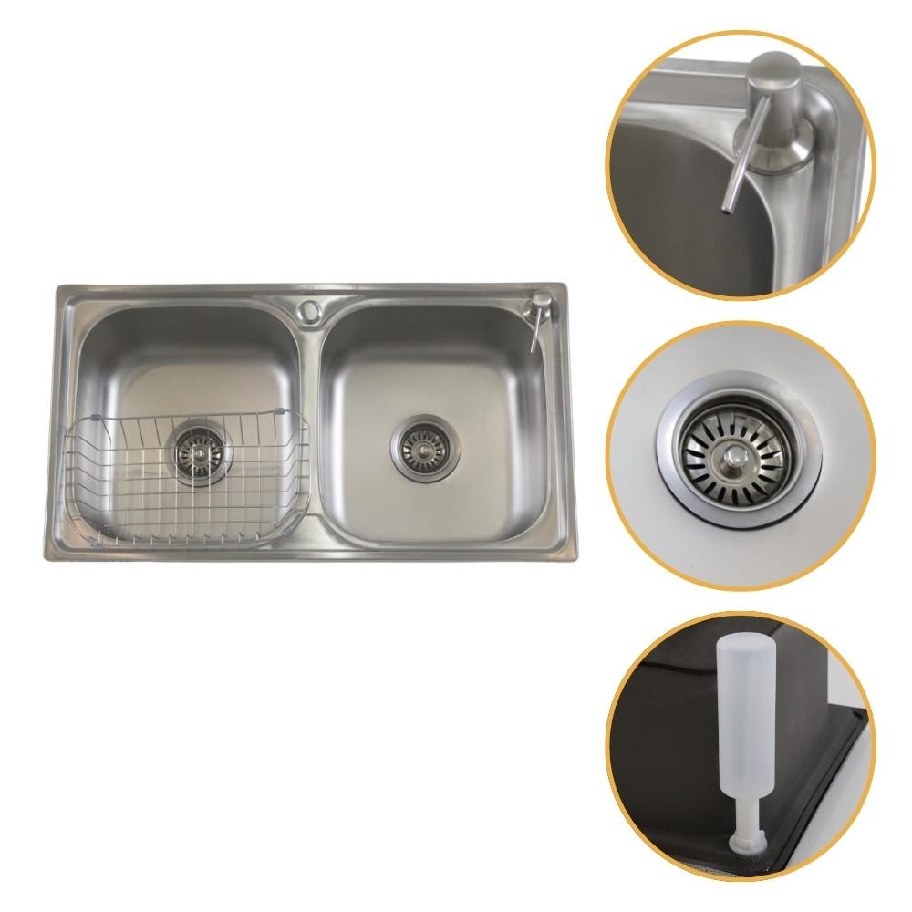 Pia Cuba Dupla  78x43 de Aço  Inox 201 com Escorredor Dosador e Válvulas para Cozinha Moderna em Oferta na Shopee