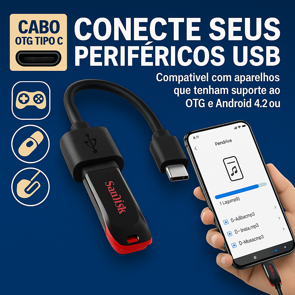Cabo OTG Tipo C Modelo Android Novo Conecte Pen Drive Mouse Teclado Impressora Controle Game