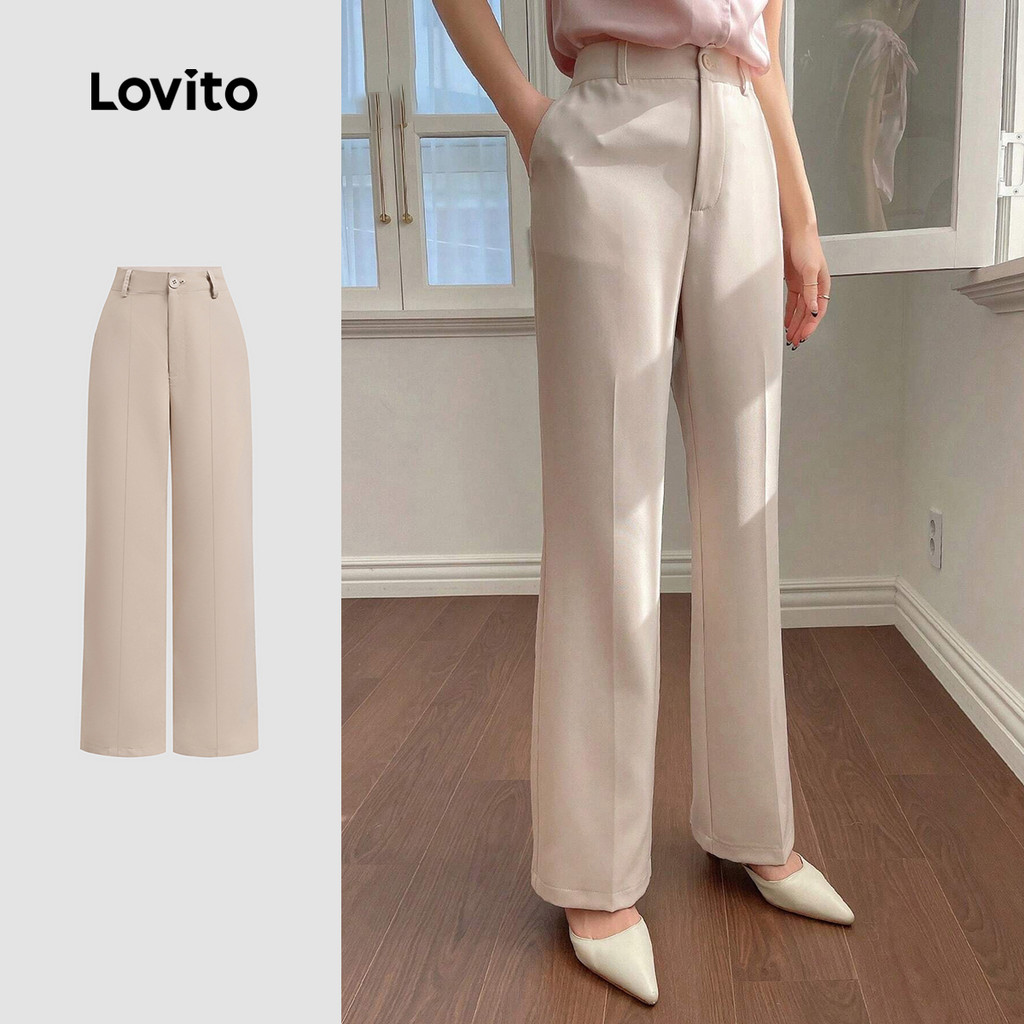 (New) Lovito Calças Elegantes com Zíper e Botão para Primavera/verão Calças Leves Caqui para Mulheres LBL27165 em Oferta na Shopee