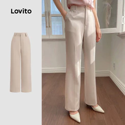 (Elegante) Lovito Calças com Zíper e Botão para Primavera/verão Calças Leves Caqui para Mulheres LBL27165