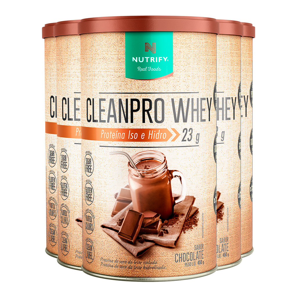 Kit 5 Clean Pro Whey Hidrolisado Chocolate Nutrify 450g
