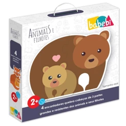 KIT 4 QUEBRA CABEÇAS ANIMAIS E FILHOTES BABEBI RACIOCÍNIO LÓGICO MDF MADEIRA INFANTIL JOGO EDUCATIVO