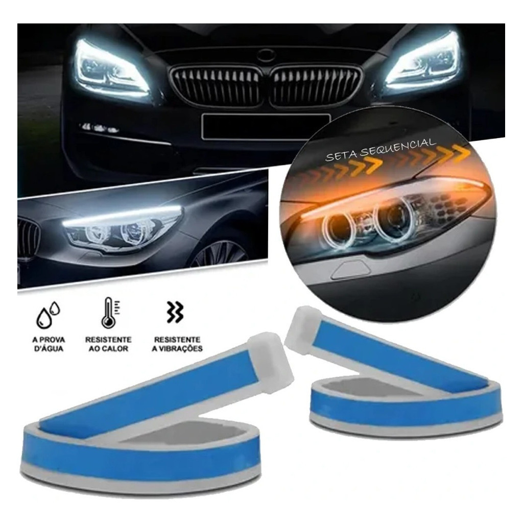 Par de Fita LED Automotiva 60cm 12V Farol DRL Seta Sequencial Iluminação para Carro Luz Efeito Ghost