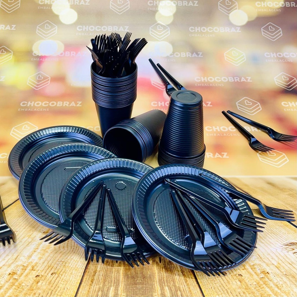 Kit Festa 50 PESSOAS DESCARTAVEIS PRETO GARFO + PRATO + COPO em Oferta na Shopee