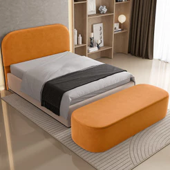 Cabeceira Cama Box Casal 140cm Lanna com Puff Recamier Doha W01 Couríssimo Whisky - Lyam Decor
