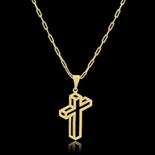 Corrente cadeado Cordão Banhado A DOURADO  Com Pingente Cruz 3D em Oferta na Shopee