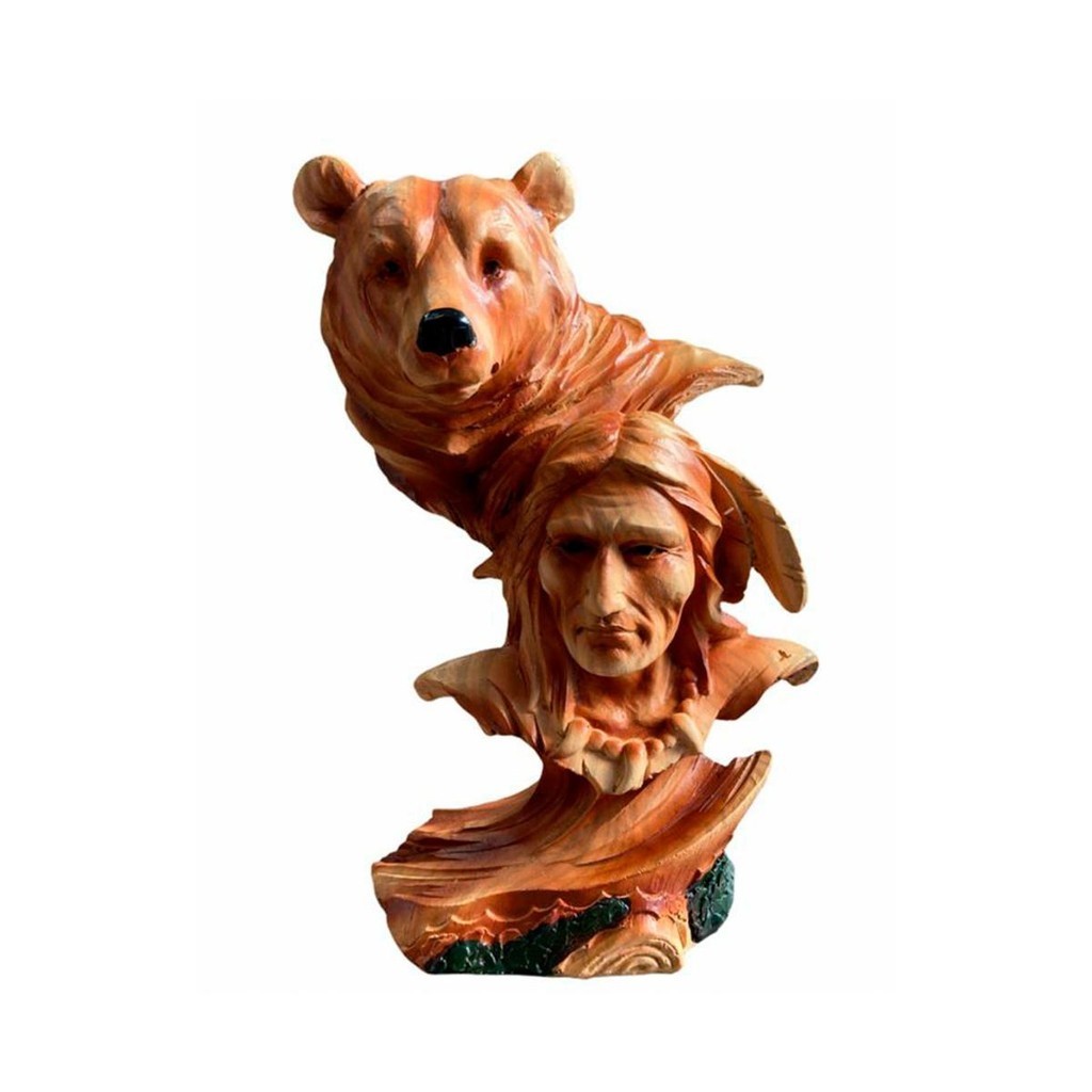 Estatua Índio Xamã Guerreiro 19cm Urso Textura de Madeira