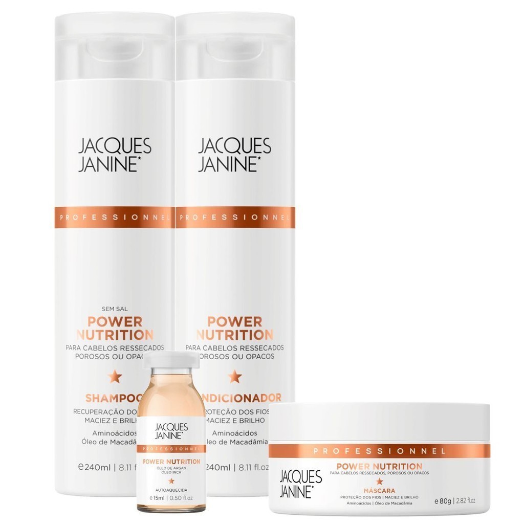 Kit Jacques Janine Power Nutrition Shampoo Condicionador 240ml Máscara 80g Ampola Nutrição 15ml