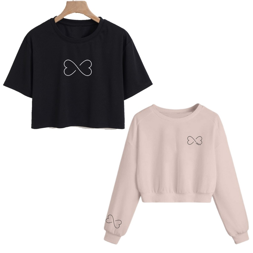 Moletom Cropped + t-shirt de Algodão kit Cropped Moletom+cropped Coração Infinito