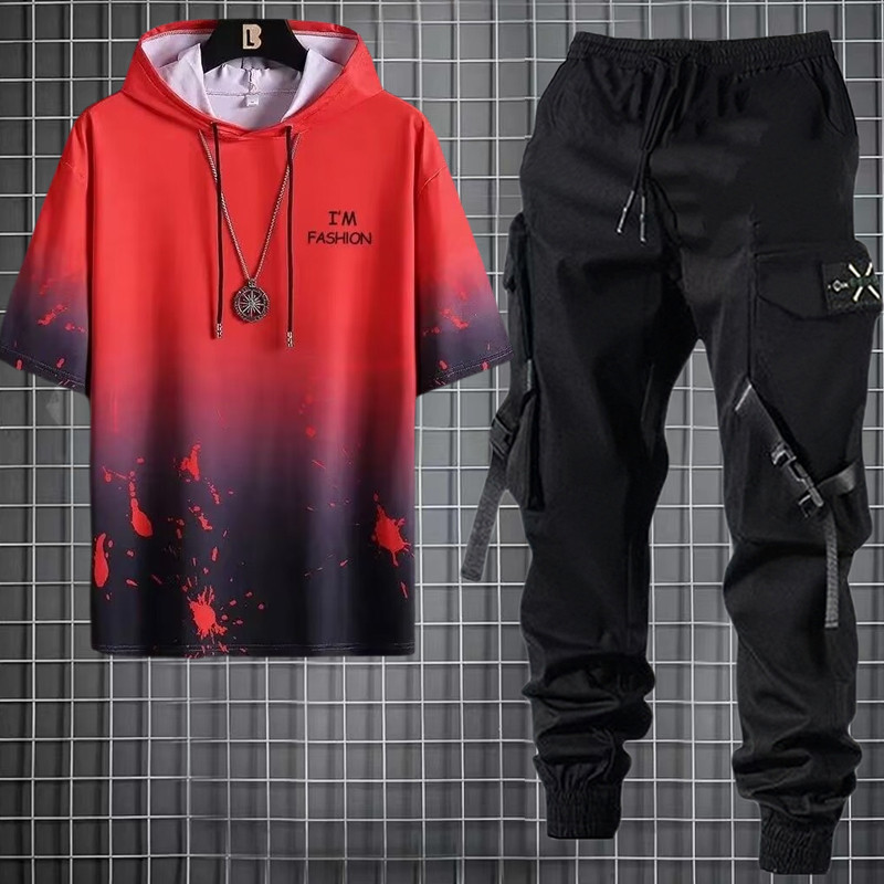 Conjunto De Camisetas De Moda Masculina Com Capuz Casual Manga Curta + Calça De Carga Estilo Hop Joggers