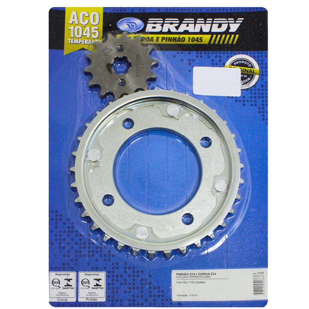 Kit Coroa Pinhão Biz 110 2016 a 2025 Honda 33Dentes 14Dentes Aço 1045 Uso Corrente 428x106 Brandy