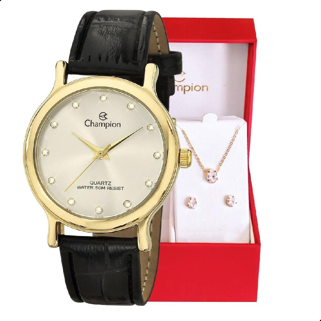 Relógio de Pulso Feminino Champion Couro Colar e Brincos Original Tendência Estilo Mulher CH22733B em Oferta na Shopee
