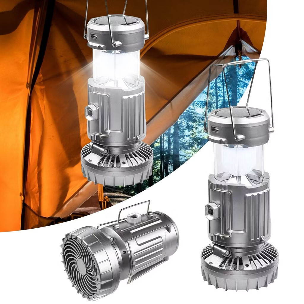 Lampião LED com Ventilador Portátil Recarregável Carregamento Solar 3 em 1 Lanterna para Camping Acampamento Emergência