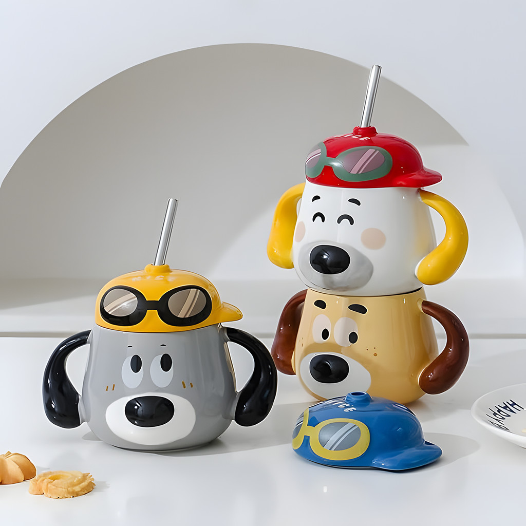 Caneca De Cerâmica Xicara Fofa Com Tampa E Canudo De Inox 500ml Cachorrinho 3D em Oferta na Shopee