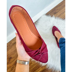 Sapatilha Feminina Confortável Bico Fino Vinho Suede Casual Trançada Macia Elegante