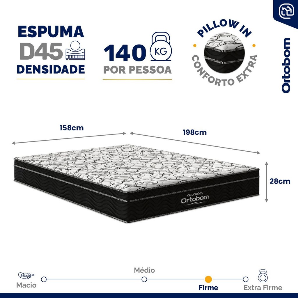 Detalhes do Colchão de Espuma D45 Ortobom Airtech Ortopillow 150 Queen 158cm