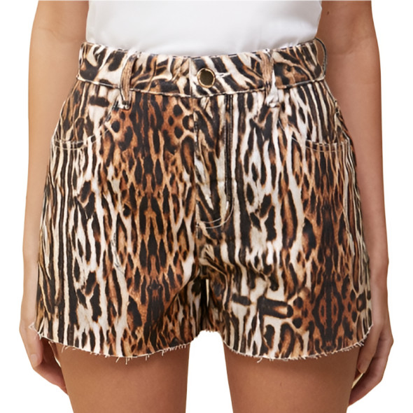 Shorts Sarja Estampado Animal Print Onça Bolsos Morena Rosa