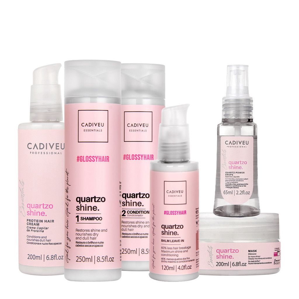 Kit Cadiveu Professional Essentials Quartzo Shine Shampoo Condicionador Máscara Pré- Shampoo Leave-in e Óleo (6 produtos em Oferta na Shopee