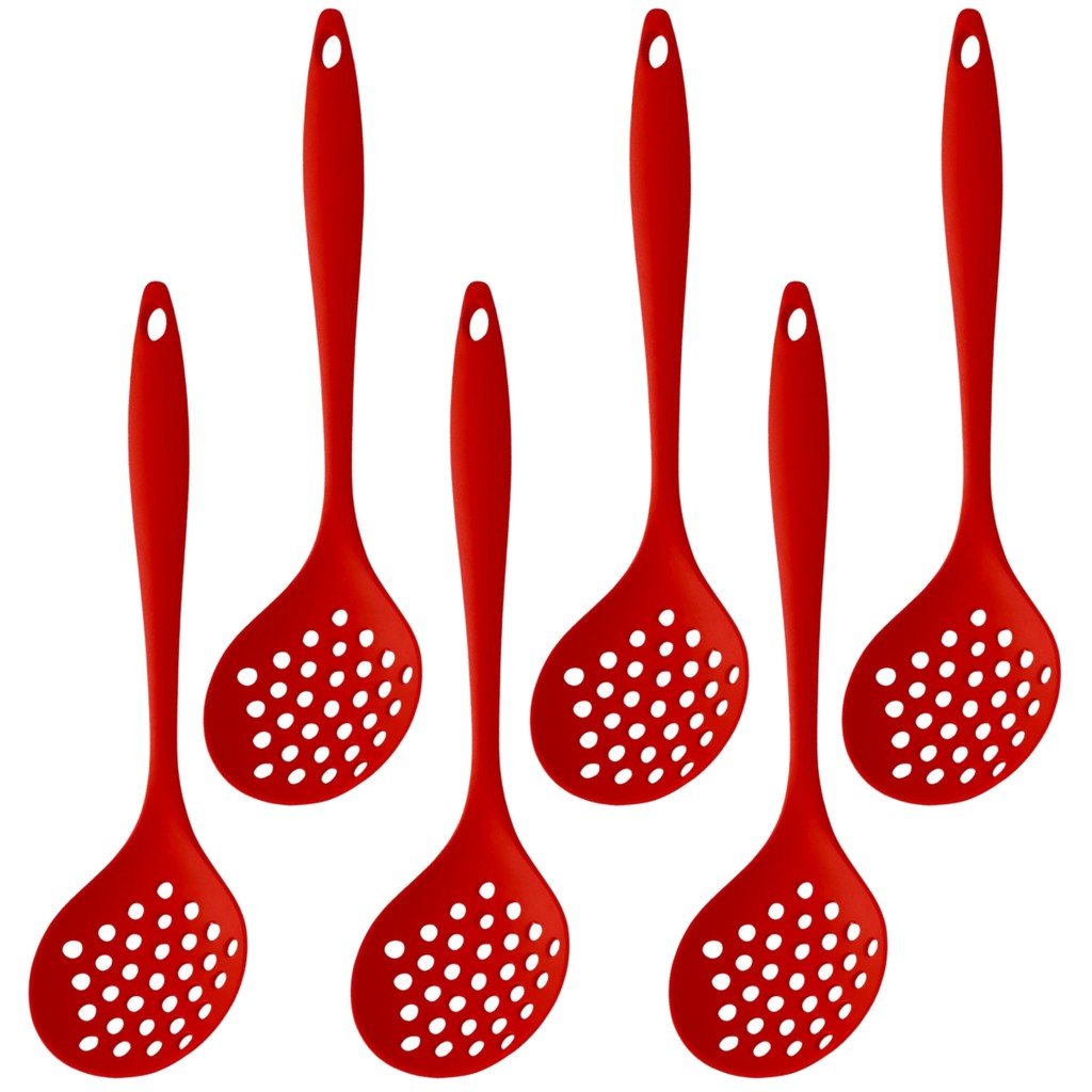 Kit 6 Escumadeiras de Silicone Vermelha Grande Utensílio de Cozinha Maciço Anti-risco para Panelas Antiaderentes Casa