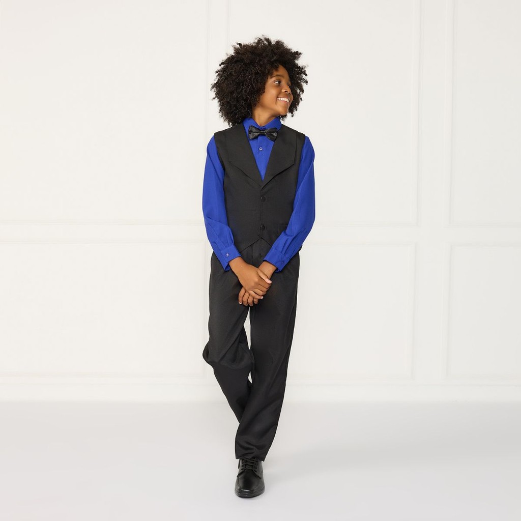 Conjunto Infantil Colete e Calça Preta Social + Camisa Azul Royal e Gravata Preta Pajem Casamento Batizado Festa Menino