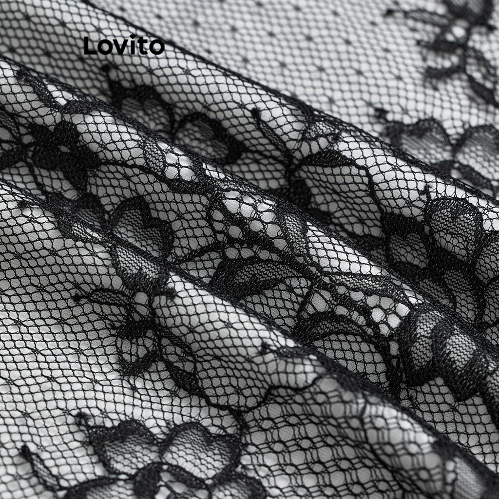 Detalhes do (Trendy) Lovito Camiseta Elegante Com Costura Em Tecido De Renda Lisa Para Mulheres L106AD114