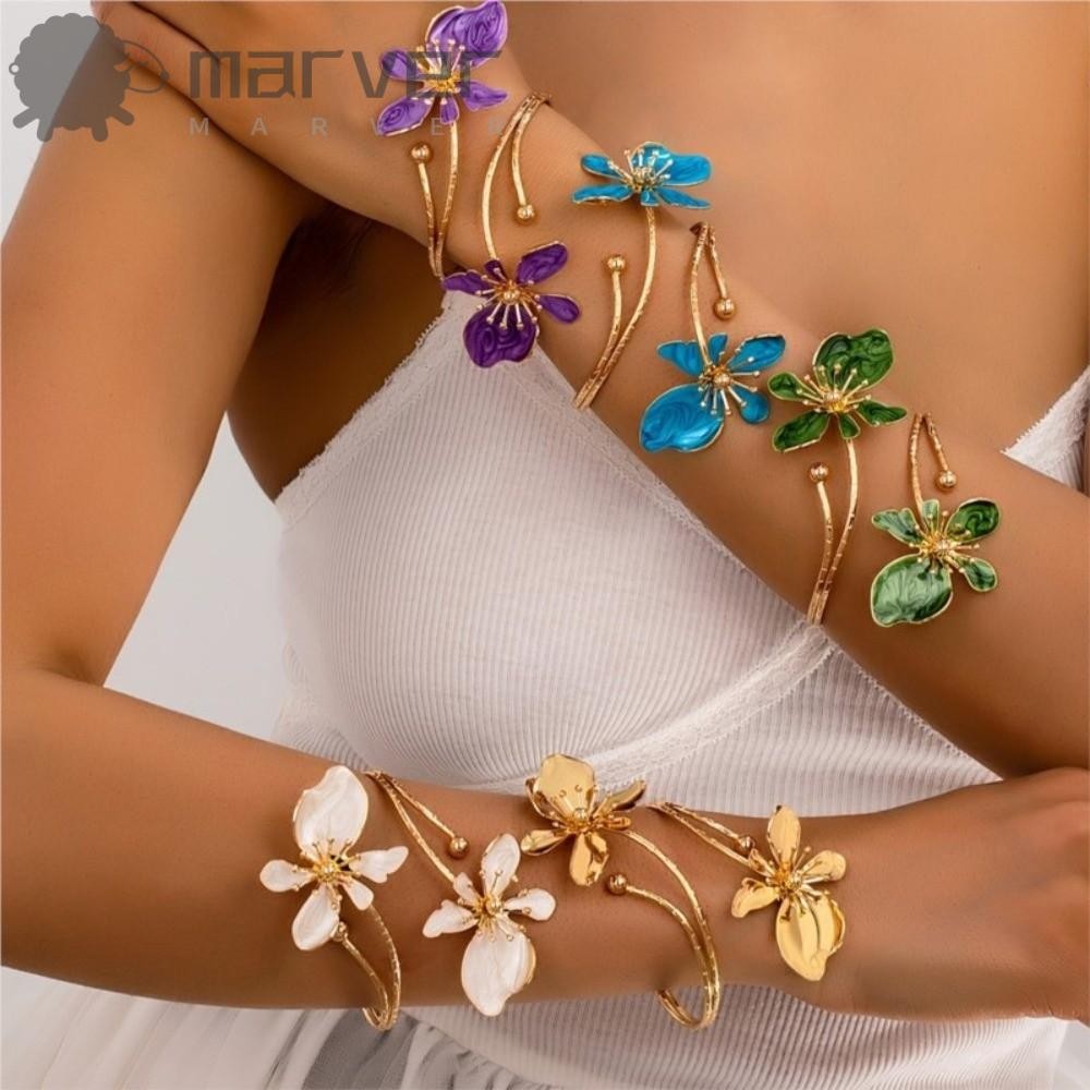 Pulseira De Punho De Flor MARVER , Braçadeira Aberto Floral De Cor Dourada De Metal , Anel De Braço Artesanal Esmaltado