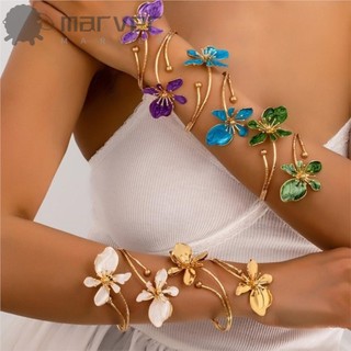Pulseira De Punho De Flor MARVER , Braçadeira Aberto Floral De Cor Dourada De Metal , Anel De Braço Artesanal Esmaltado