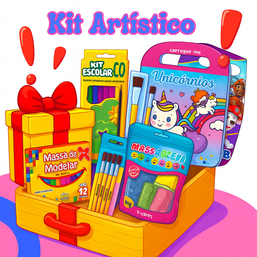 Kit Artístico - Massa de EVA + Pincéis + Tinta + Modelar + Lápis de Cor + Desenhos para colorir