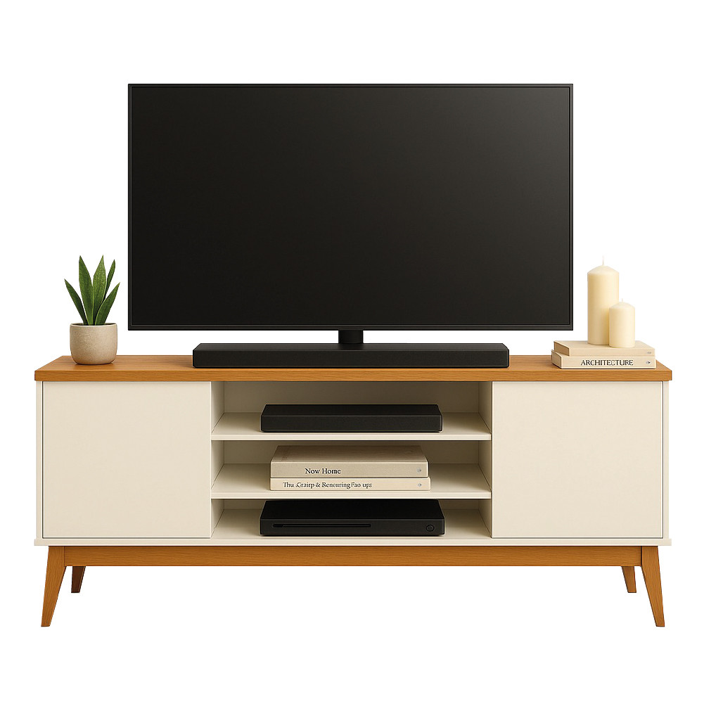Rack Bancada Para TV Até 60 Polegadas 1,60m 2 Portas 3 Nichos Titan Off White / Madeirado EDN