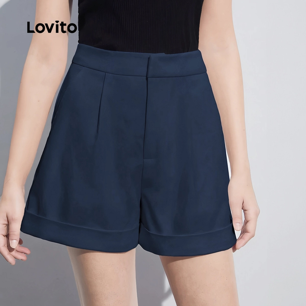 Detalhes do Lovito - Shorts Casuais De Bolso Liso Primavera/Verão Marinho Para Mulheres L134ED411