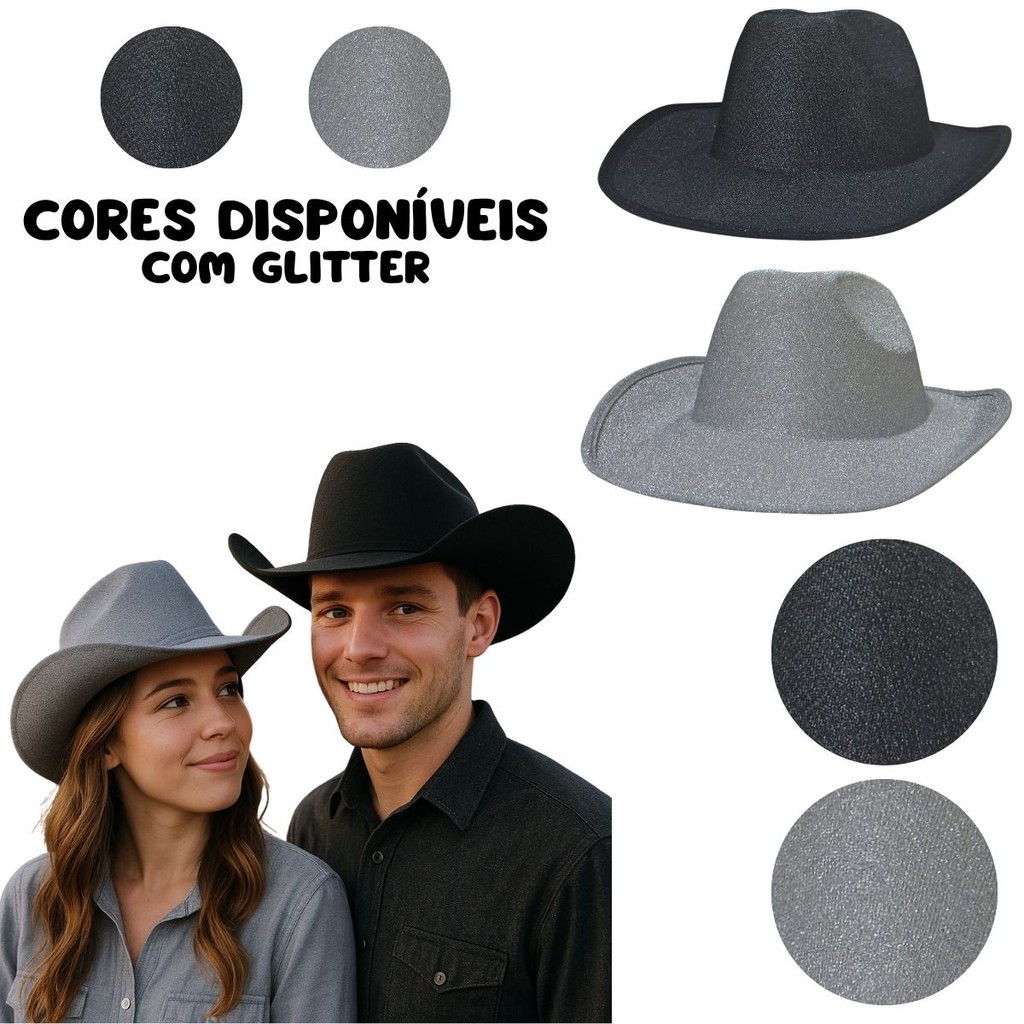 Chapéu Country Glitter Boiadeiro Estilo Sertanejo Boiadeira Cowboy Cowgirl Adulto Barretos Brilhante