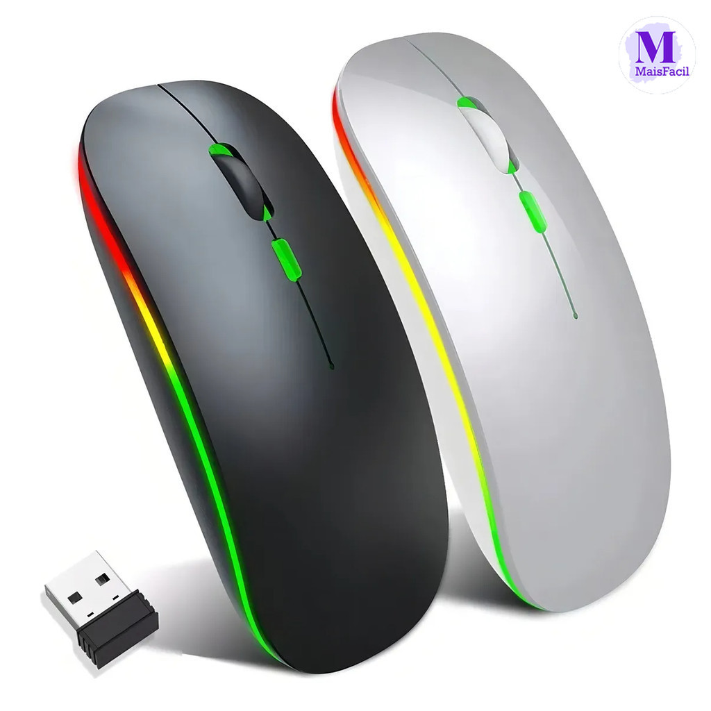 Mouse Sem Fio Recarregável Led RGB Clique Silencioso 2.4 Ghz Ergonômico Gamer Home Office