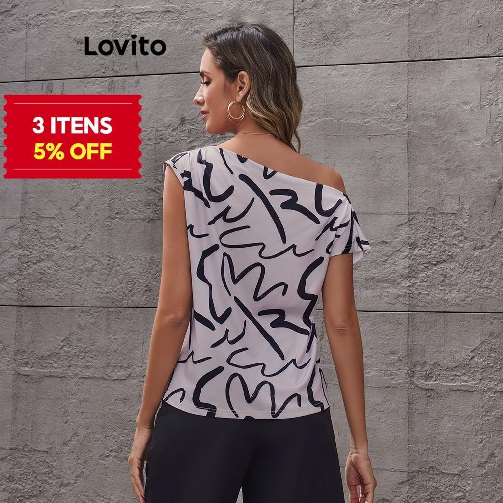 (Trendy) Lovito Blusa elegante pintada à mão com ombros descobertos e assimétrica para mulheres LBL18052 - Women Clothes